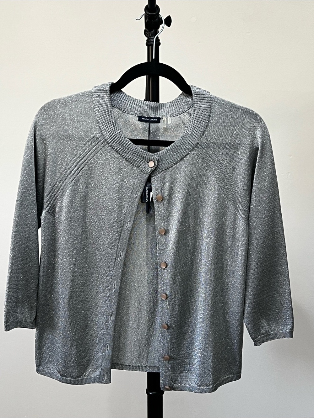 Magaschoni Shimmer Silver Metallic Cardigan
Button Up 3/4 Sleeve Knit Top
